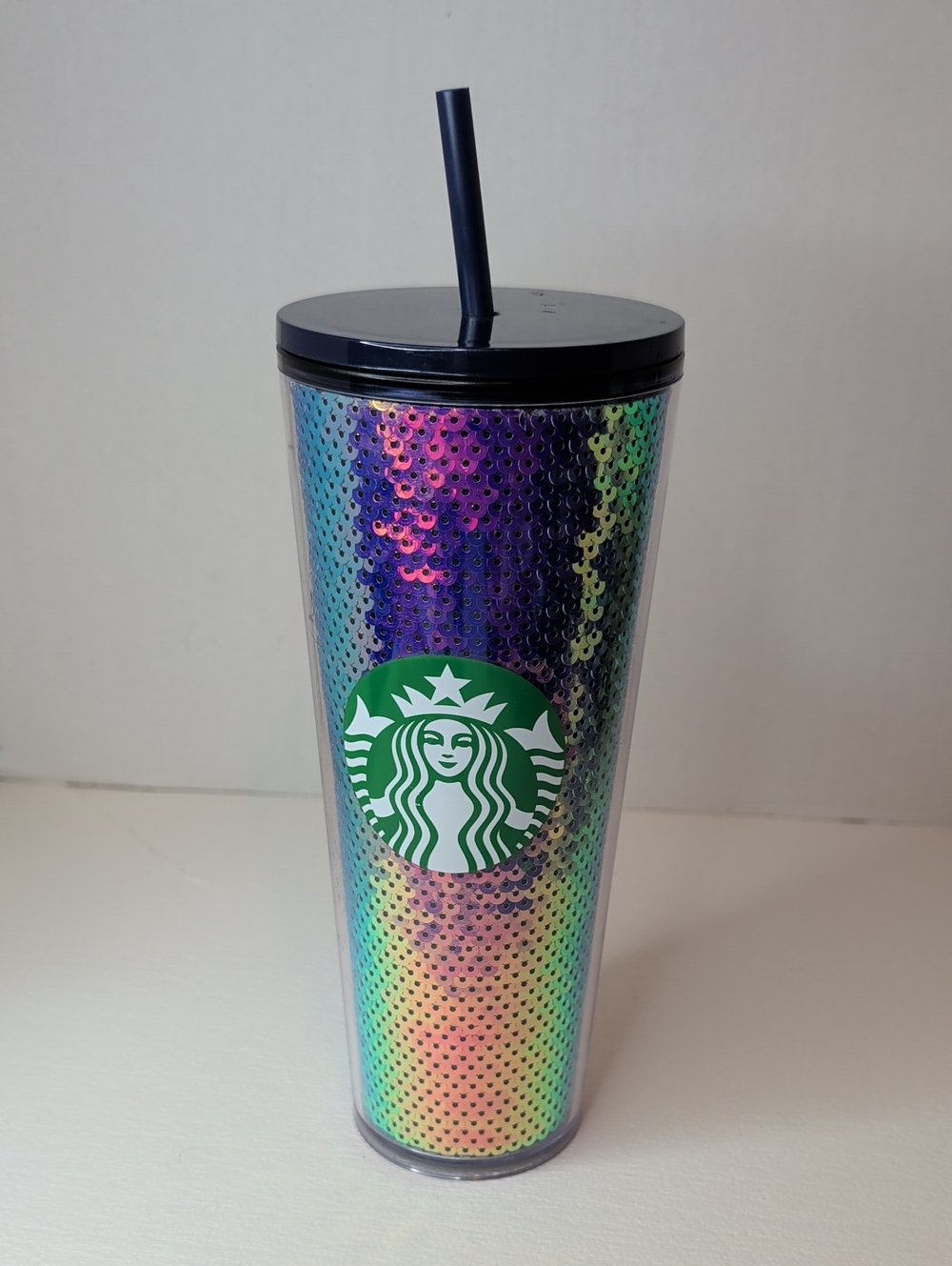 Starbucks Rainbow Sequin Tumbler with Dark Lid and Straw